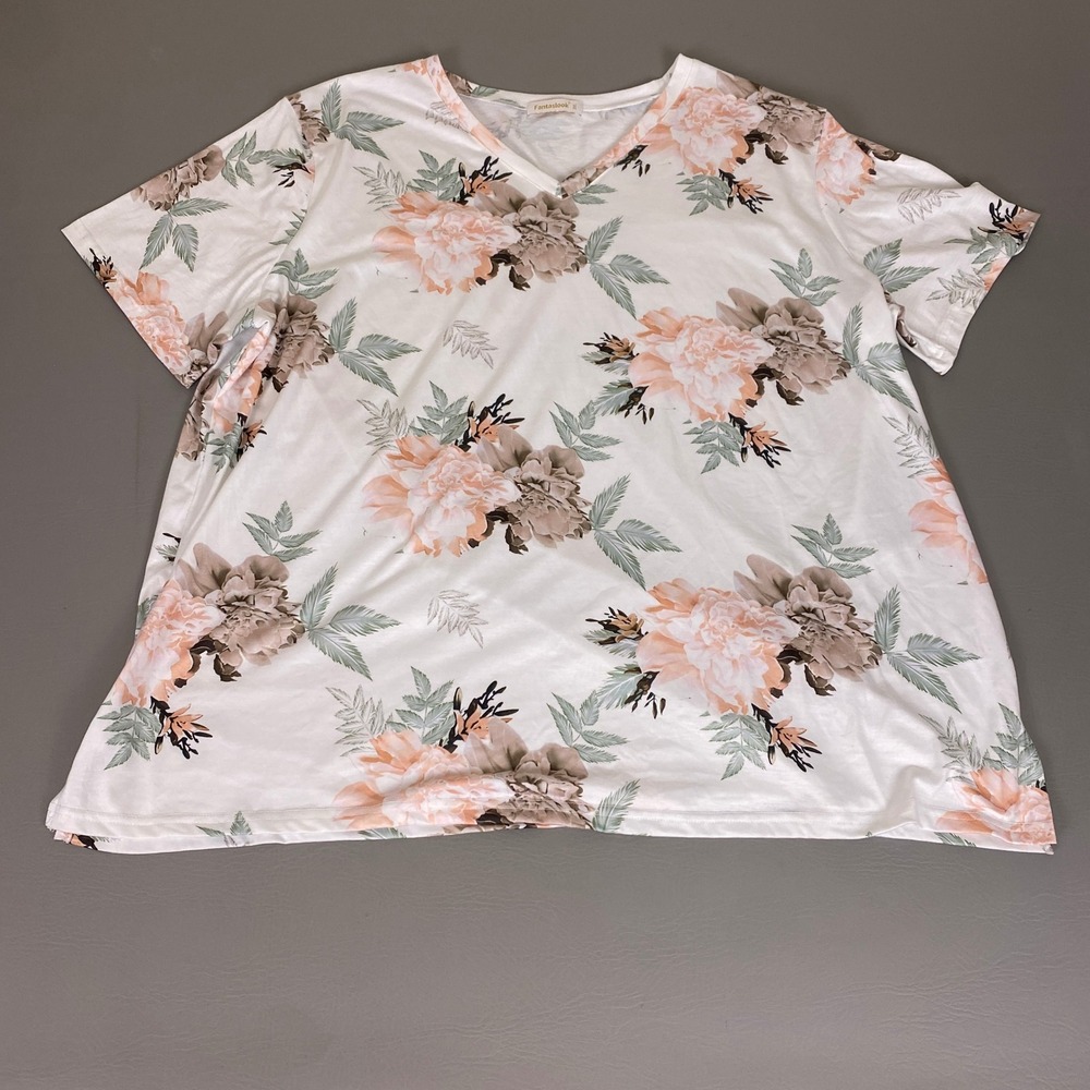 Fantaslook T-Shirt Women's 3XL Floral Print V-Neck Short Sleeve White Pink Brown